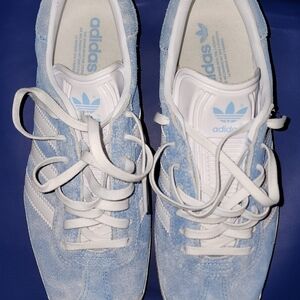 Adidas Gazelle 'Washed Blue' sneakers. Light blue suede with white accents. 